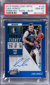 2018 Panini Contenders Optic "Rookie Ticket" Blue #128 Luka Doncic Signed Rookie Card (#14/49) - PSA GEM MT 10